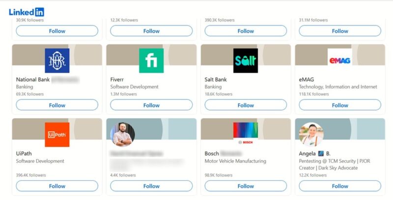 List of company pages and industry leaders to follow during LinkedIn new account creation process.