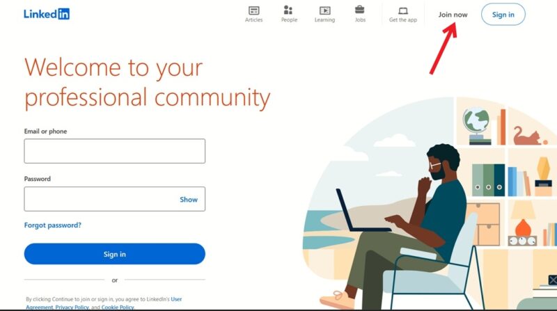 Clicking on the "Join now" button on LinkedIn official page on PC. 