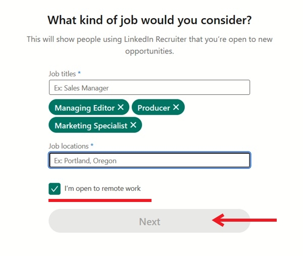 Adding jobs you'd consider applying for during LinkedIn account creation process.