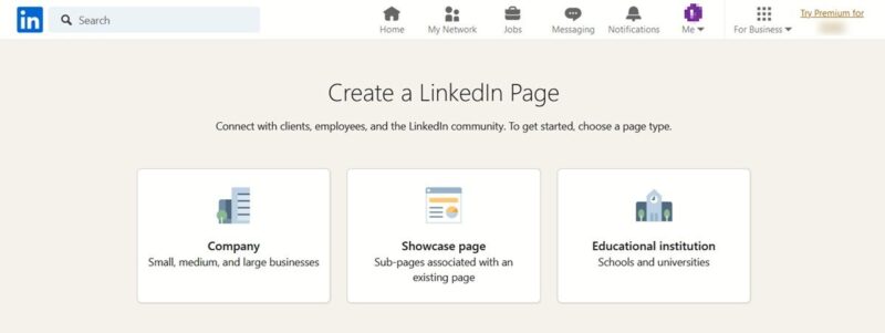 Selecting a company page type in LinkedIn. 