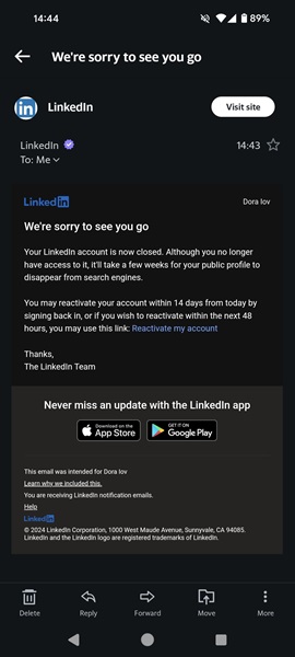Email that confirms the deletion of your LinkedIn account.