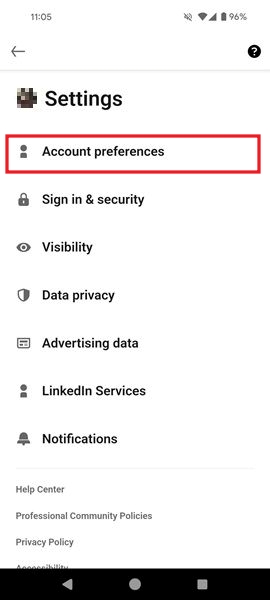Tapping on "Account preferences" option in LinkedIn app settings. 