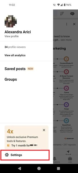 Tapping on Settings at the bottom of the menu in LinkedIn app. 