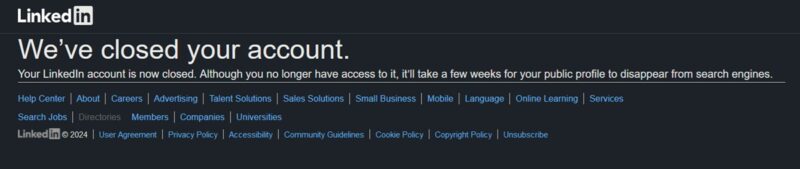 LinkedIn account deletion confirmation visible.