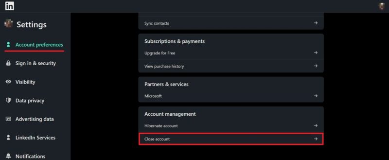 Clicking "Close account" option in LinkedIn Settings. 