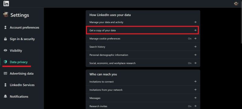 Clicking on "Get a copy of your data" option in LinkedIn on PC.