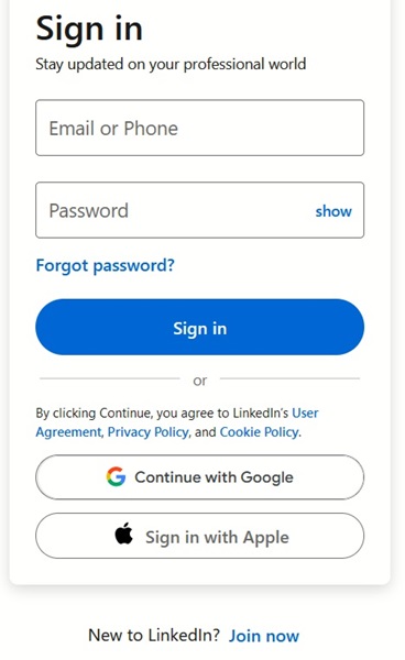 Login screen on LinkedIn website. 