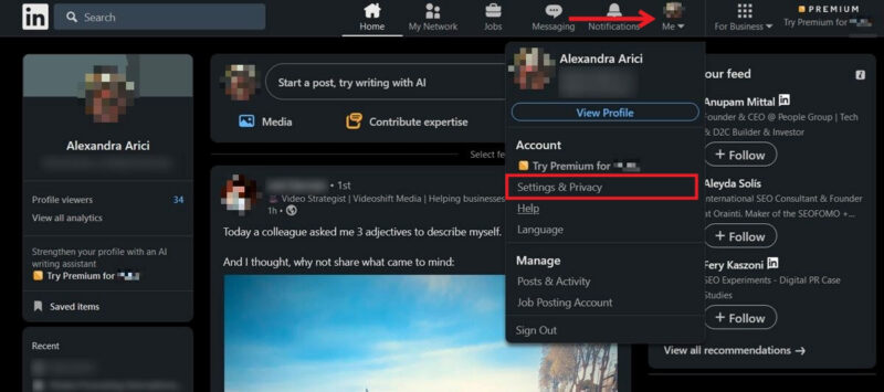 Clicking on "Settings & Privacy" option on LinkedIn. 