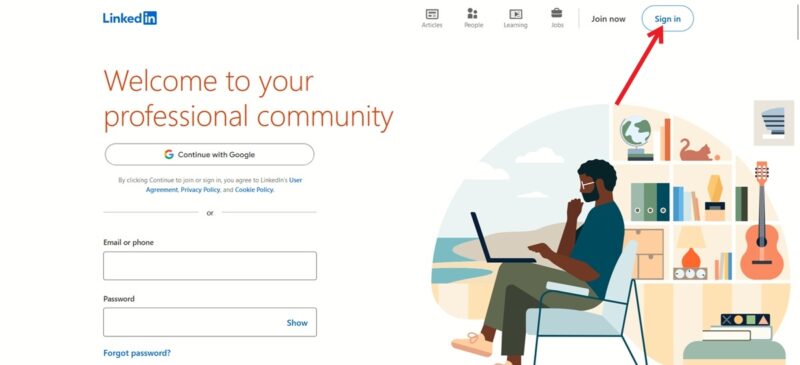 Clicking on "Sign in" button on LinkedIn website.