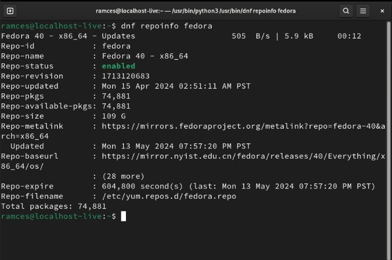 A terminal showing the details for the Fedora DNF repository.