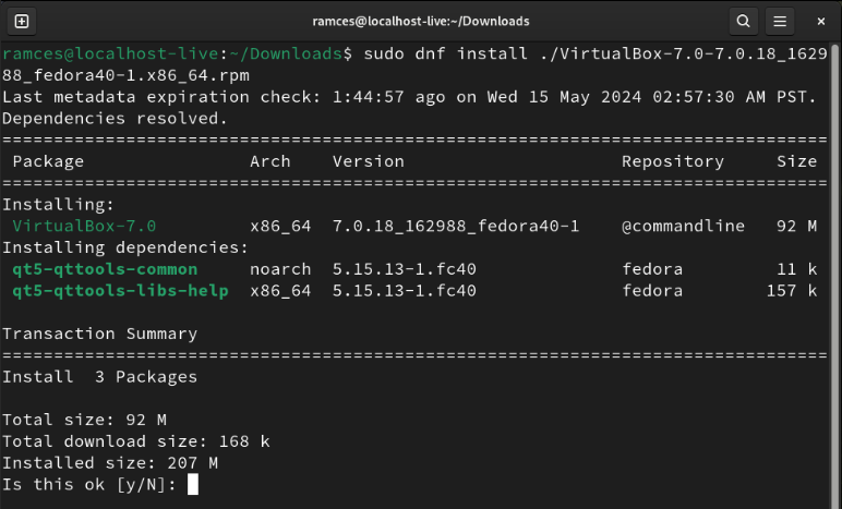 A terminal showing the DNF installation process for RPM files.