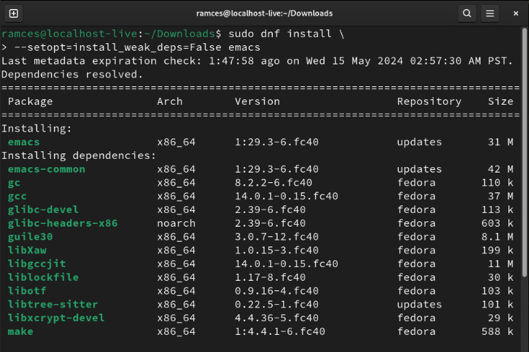 A terminal showing the installation screen for Emacs without any weak dependencies.