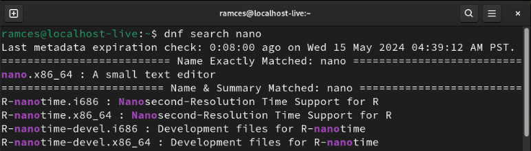A terminal showing the DNF search screen for GNU Nano.