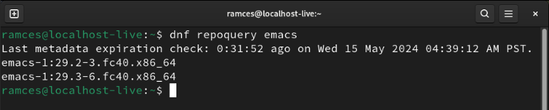 A terminal showing the available Emacs package in NEVRA format.