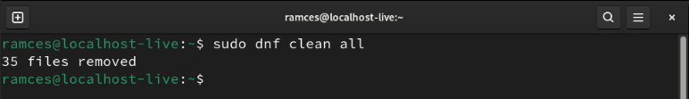 A terminal showing the output of the DNF clean command.