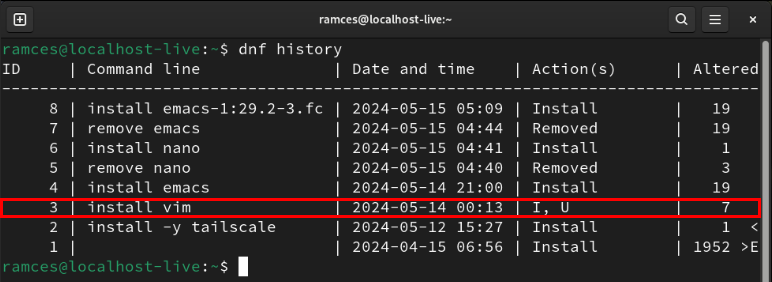 A terminal highlighting the DNF transaction that happened before I installed Emacs.