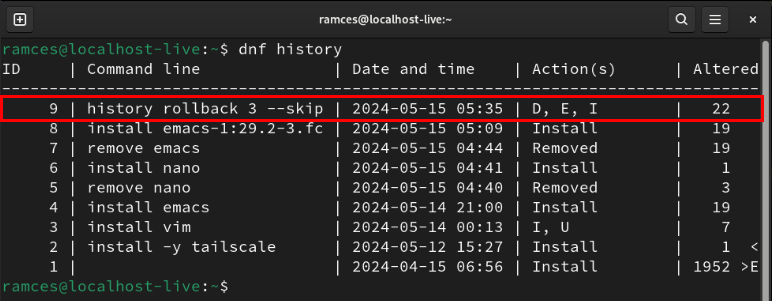 A terminal highlighting the latest DNF transaction showing the rollback command.