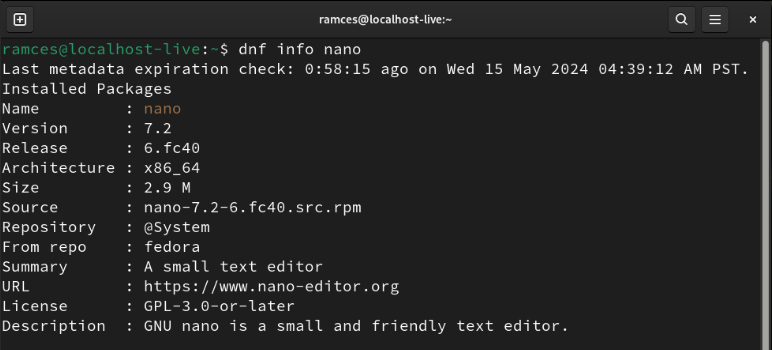 A terminal showing the output of DNF info on GNU nano.
