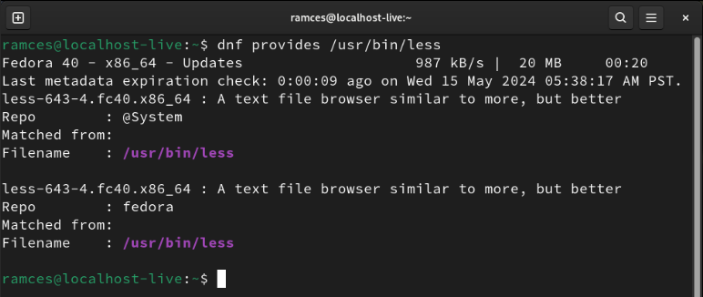 A terminal showing the different packages that provide the less binary file.