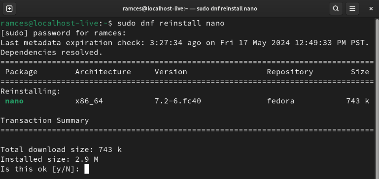 A terminal showing the reinstallation process for GNU Nano in DNF.