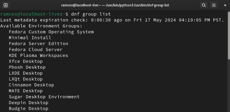 A terminal showing the available DNF package groups for Fedora 40.