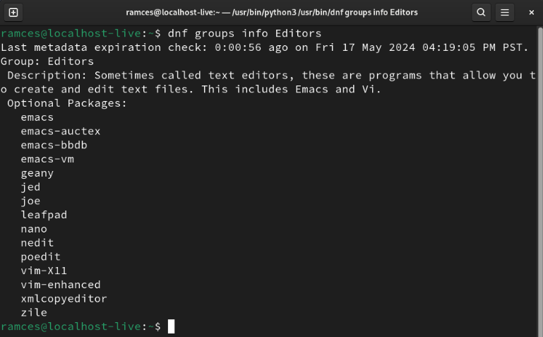 A terminal showing the details about the Editors package group in DNF.