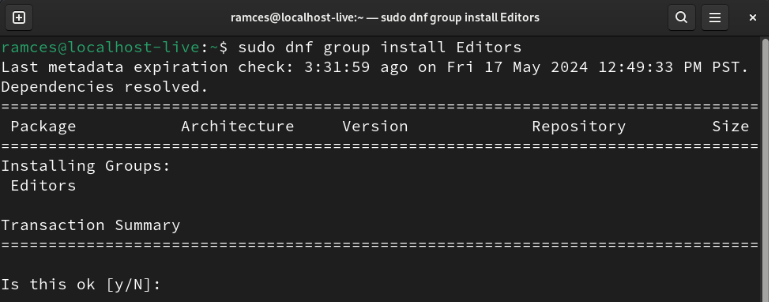 A terminal showing the installation prompt for the Editors package group.