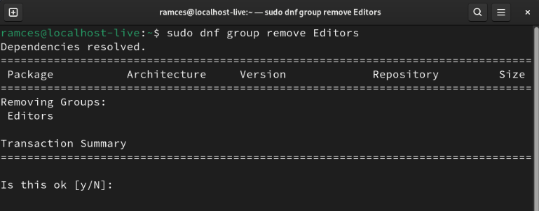 A terminal showing the uninstallation prompt for the Editors package group.