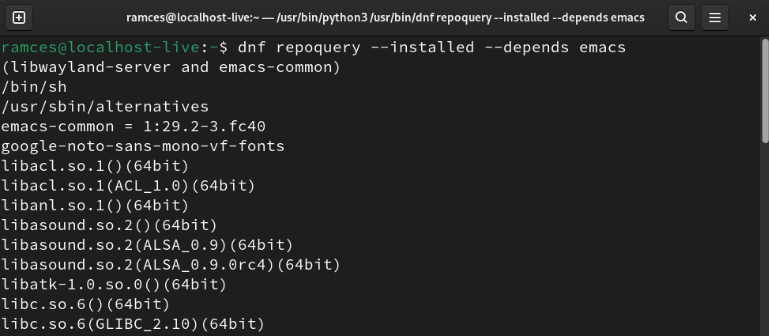 A terminal showing the package dependencies for Emacs in DNF.