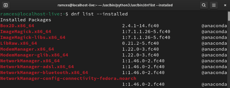 A terminal showing the list of available packages as a DNF list.