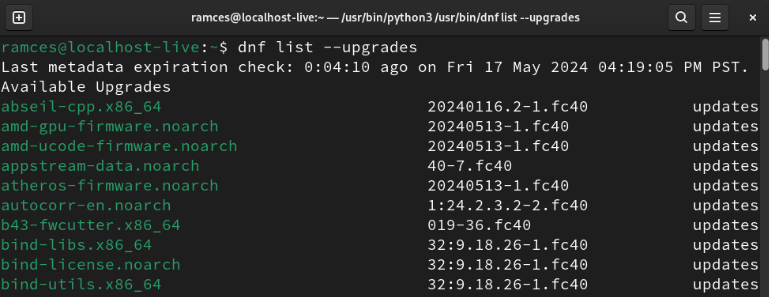 A terminal showing a list of available upgrades for the Fedora 40 system in DNF.