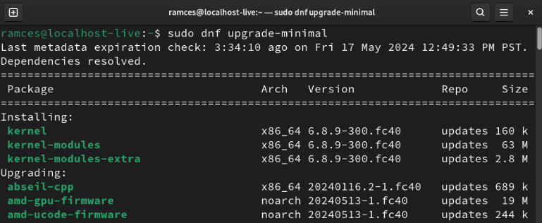 A terminal showing the minimal upgrade prompt for DNF.