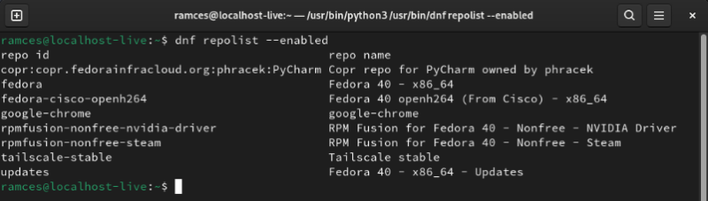 A terminal showing the available repos running in Fedora 40.