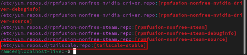 A terminal highlighting the location of the tailscale.repo file in Fedora 40.