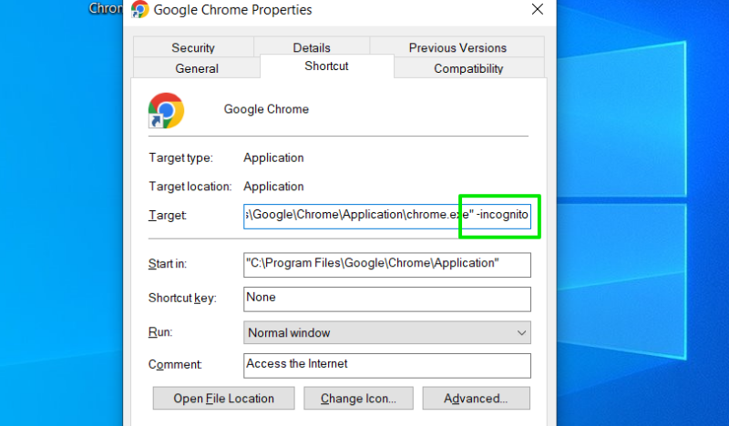 Edit Chrome Shortcut Incognito Mode