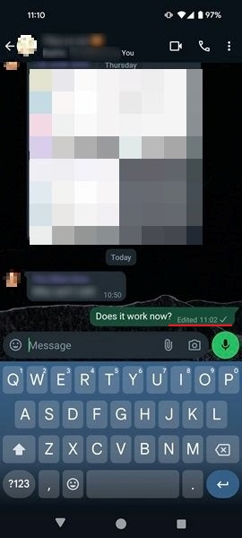 Edited tag visible next to Edited message in WhatsApp for Android.