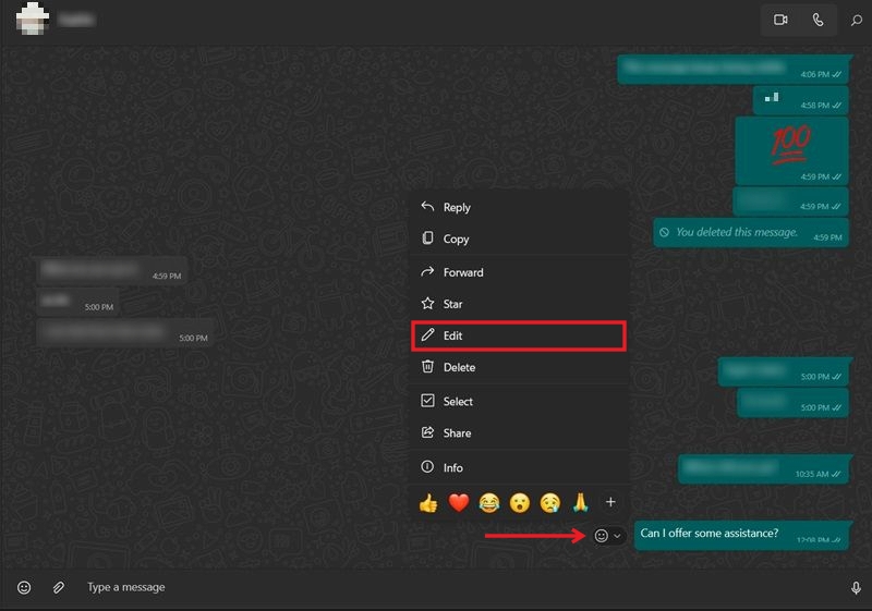 Pressing on "Edit" option in WhatsApp conversation on PC.