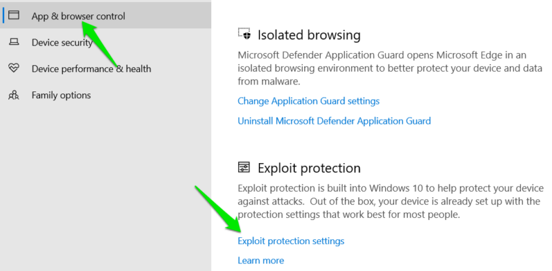Exploit Protection Settings