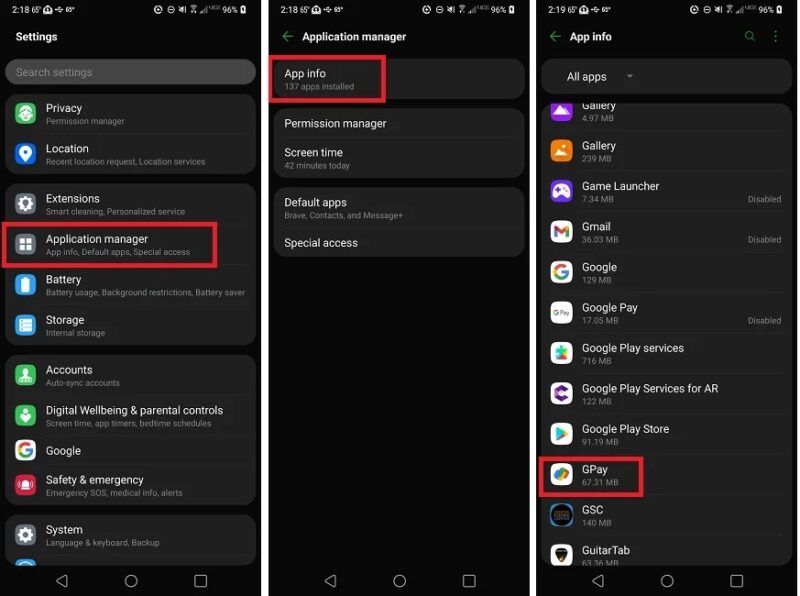 Locating the Google Pay app in the device settings.