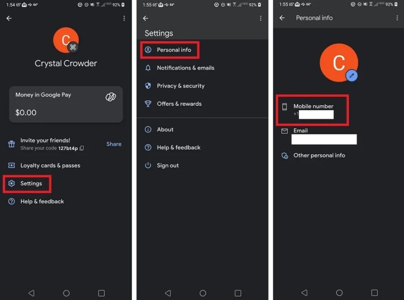 Verifying phone number in the Google Pay profile settings.