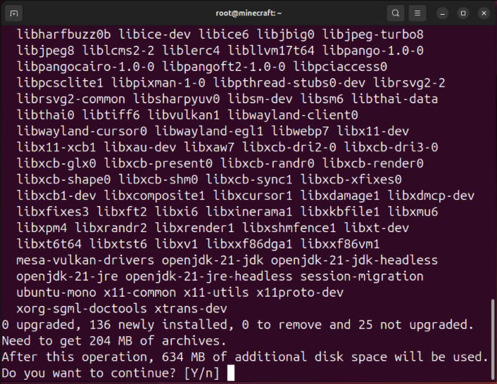 A terminal showing the dependencies for the Minecraft server.