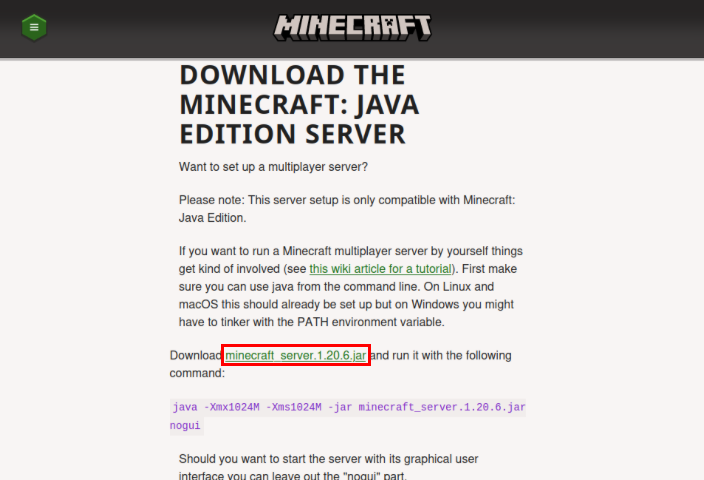 A screenshot showing the location of the download link for the Minecraft server.