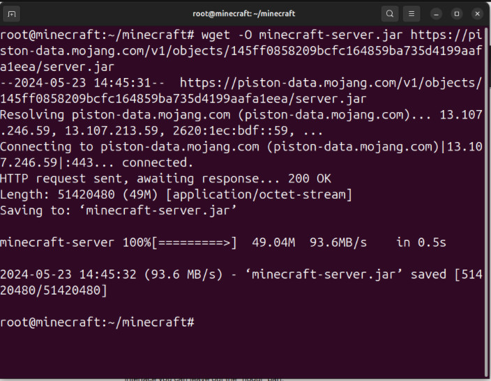 A terminal showing the process of downloading the server .jar file using wget.