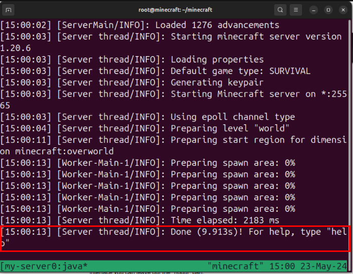 A terminal showing the "Done" output from the Minecraft server's prompt.