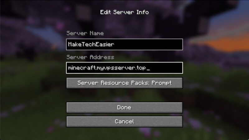 A screenshot showing the server details prompt in the Minecraft client.
