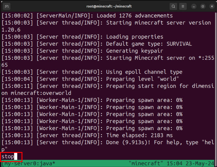 A terminal showing the "stop" command on the running server.