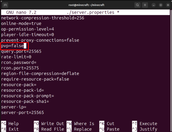 A terminal highlighting the "pvp" variable inside the server.properties file of the Minecraft server.