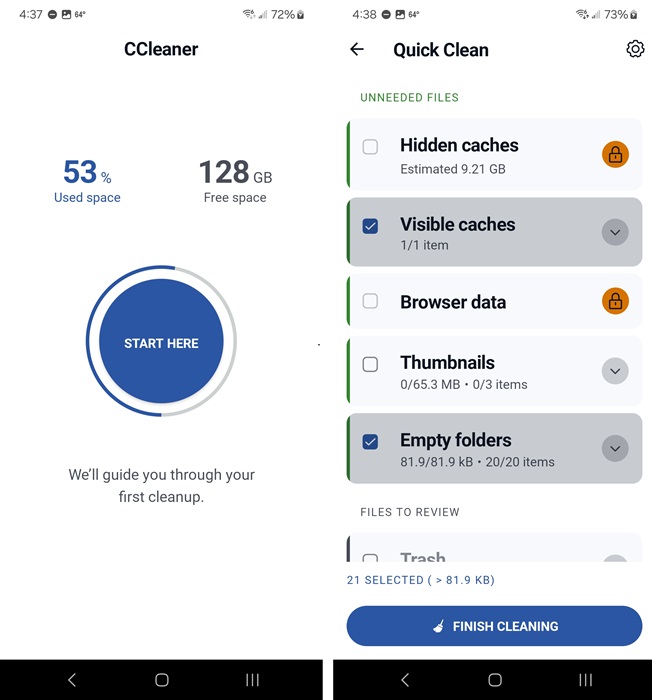 Using CCleaner to uninstall apps on Android and their leftover files.