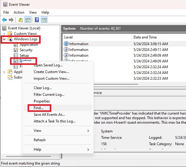 Searching for the memory diagnostic tool results in Event Viewer.