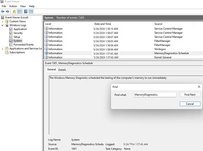 Viewing the results of the Windows Memory Diagnostic Tool in event viewer. 